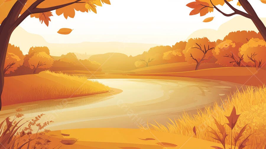 Ilustração Paisagem Outono Rio Árvores Folhas Laranjas