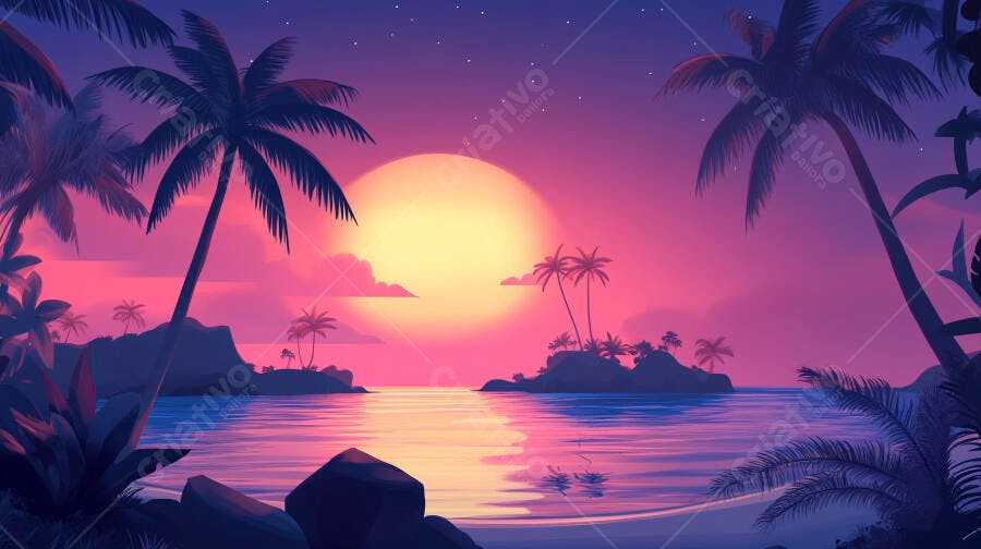 Cenário Tropical Pôr do Sol Praia Palmeiras Ilustração Digital