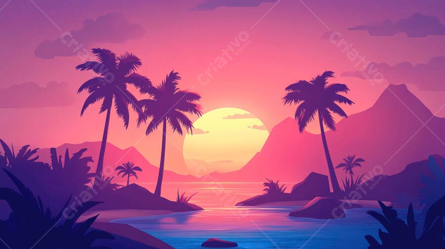 Pôr do Sol Tropical com Palmeiras e Montanhas Ilustração Vetorial