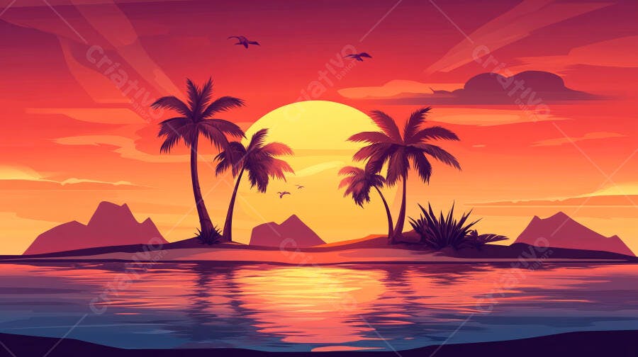 Ilustração Pôr do Sol Tropical Praia Palmeiras Oceano