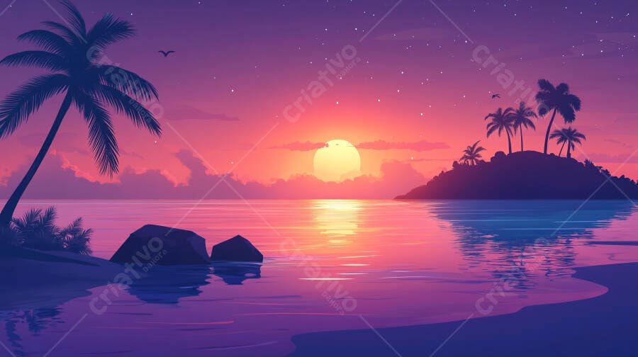 Pôr do sol tropical com coqueiros e ilha em tons de rosa e roxo no oceano calmo