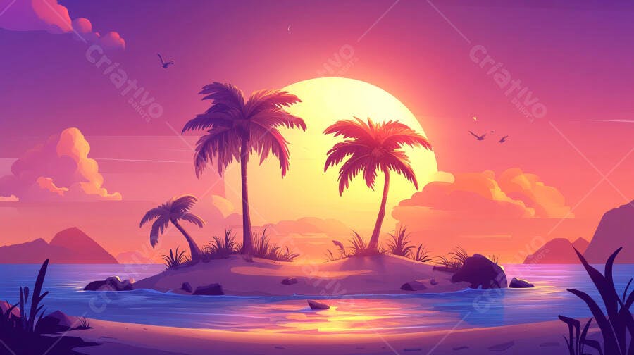 Pôr do sol vibrante em ilha tropical com palmeiras e mar azul ao entardecer