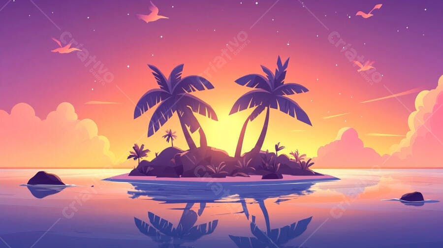 Ilustração Ilha Tropical Pôr do Sol Cores Vibrantes Mar