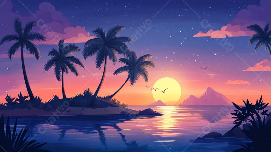 Ilustração Pôr do Sol Praia Coqueiros Oceano Noite Estrelada