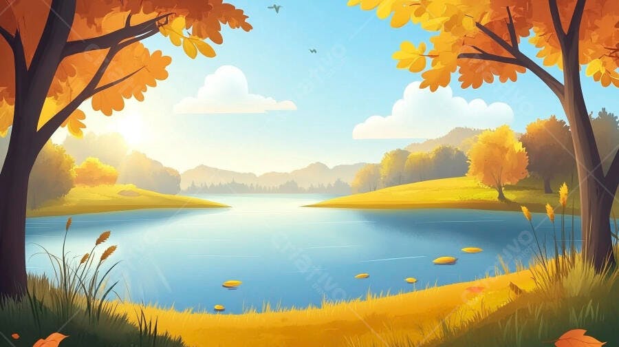Ilustração Paisagem Outono Lago Árvores Folhas Amarelas