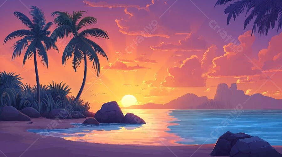 Pôr do Sol Tropical Praia Palmeiras e Mar com Cores Vibrantes