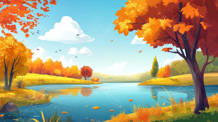 Paisagem Outono Lago Árvores Folhas Laranjas Ilustração Digital