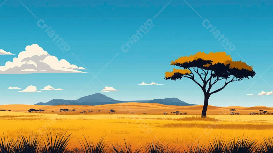 Ilustração Savana Africana Árvore Acácia Campo Dourado Céu Azul