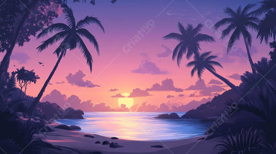 Pôr do Sol Praia Tropical Coqueiros Mar Ilustração Vetorial