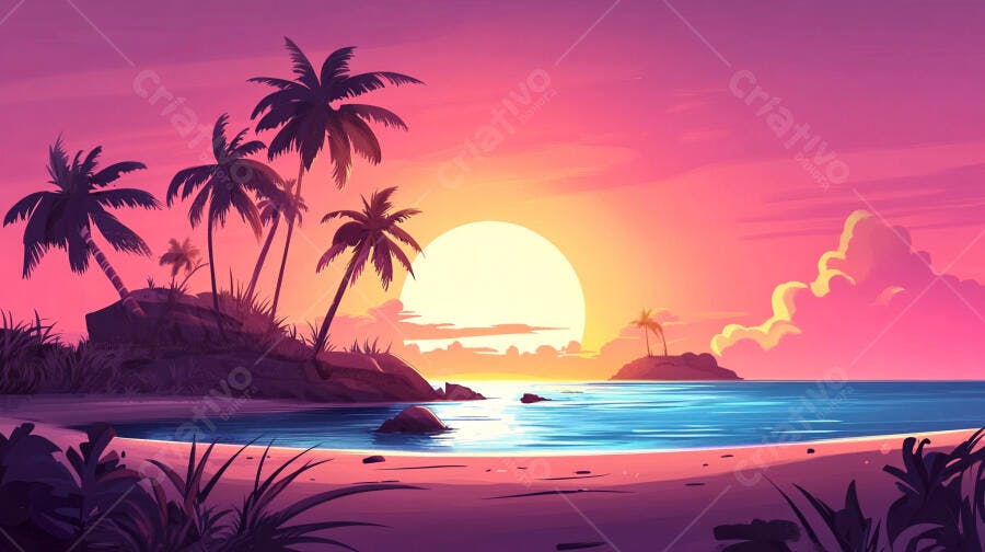 Ilustração Pôr do Sol Praia Tropical Coqueiros Mar