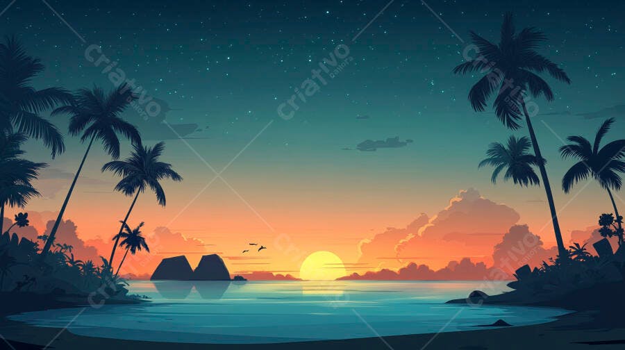 Ilustração Pôr do Sol Praia Coqueiros Noite Estrelada
