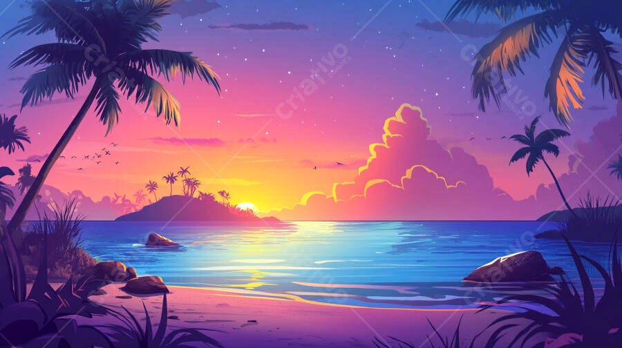 Foto Praia Tropical Pôr do Sol Cores Vibrantes Ilustração