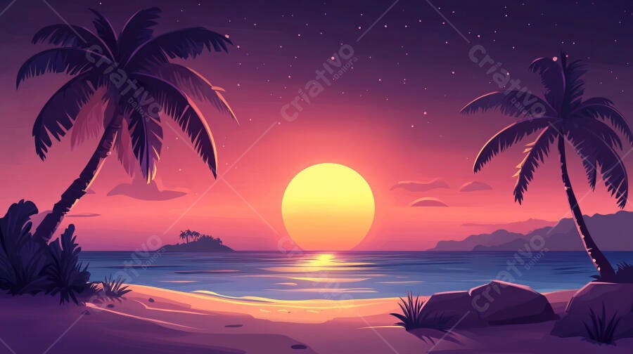 Ilustração Pôr do Sol Praia Tropical Coqueiros Noite Estrelada