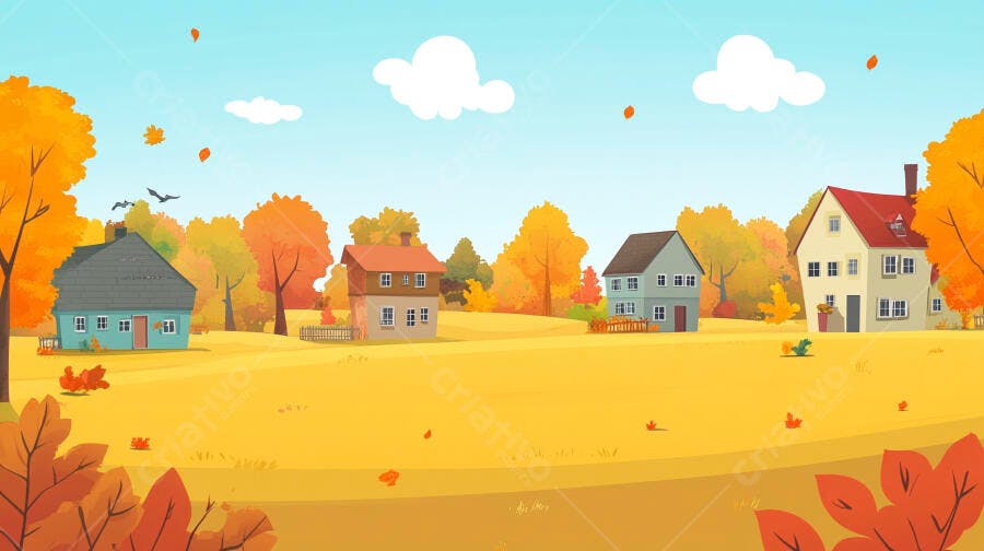 Ilustração Casas Outono Campo Cenário Rural