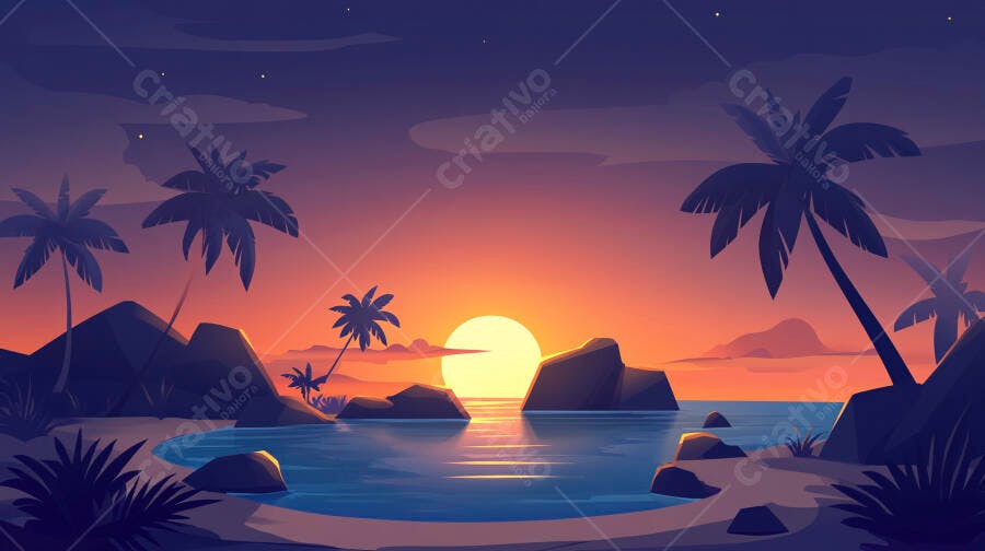 Ilustração Pôr do Sol Praia Tropical Coqueiros Mar