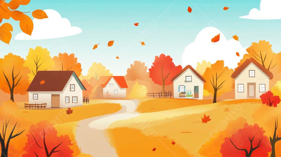 Ilustração Outono Casas Campo Estilo Desenho Animado