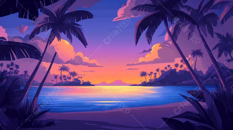 Ilustração Pôr do Sol Praia Tropical Coqueiros Mar
