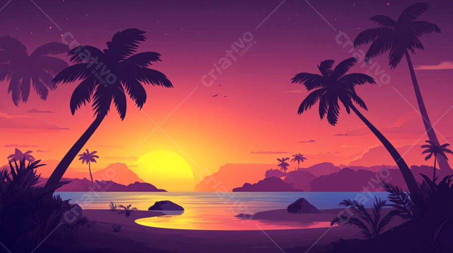 Pôr do Sol Tropical Praia Palmeiras Ilha Ilustração Vetorial