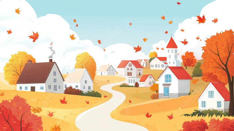 Ilustração Cidade Outono Casas Brancas Folhas Caindo