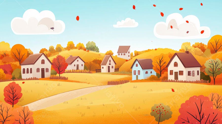 Ilustração Casas Campo Outono Folhas Caindo Cenário Rural