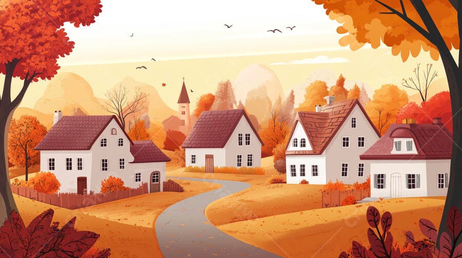 Ilustração Aldeia Outono Casas Brancas Estrada Cenário Rural