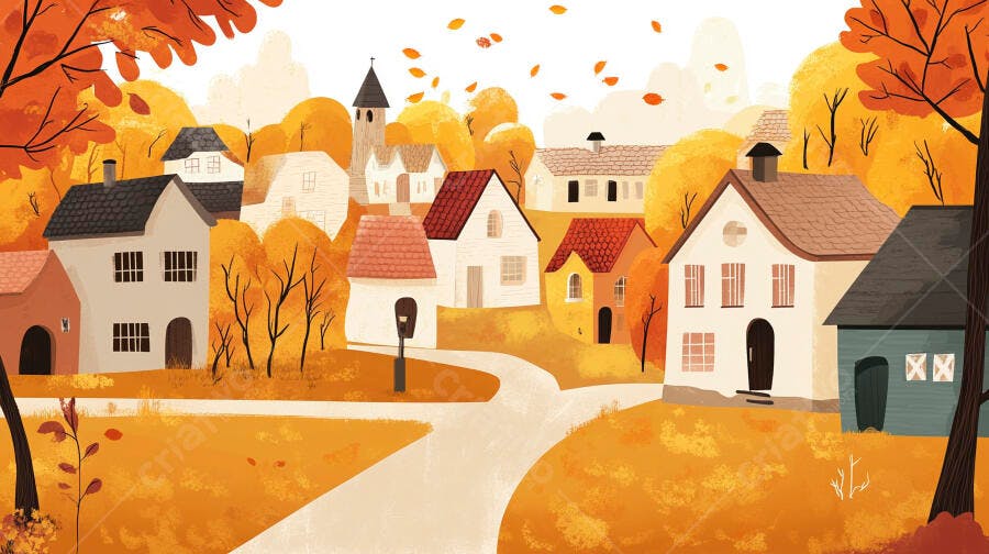 Ilustração Outono Aldeia Europeia Casas Laranjas