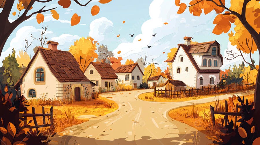 Ilustração Aldeia Outono Casas Campo Estrada Folhas Laranjas