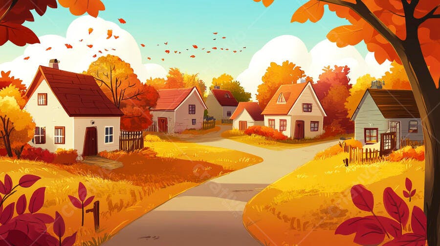 Ilustração Aldeia Outono Casas Campo Estilo Desenho Animado
