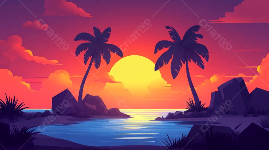Ilustração Pôr do Sol Praia Tropical Coqueiros e Mar