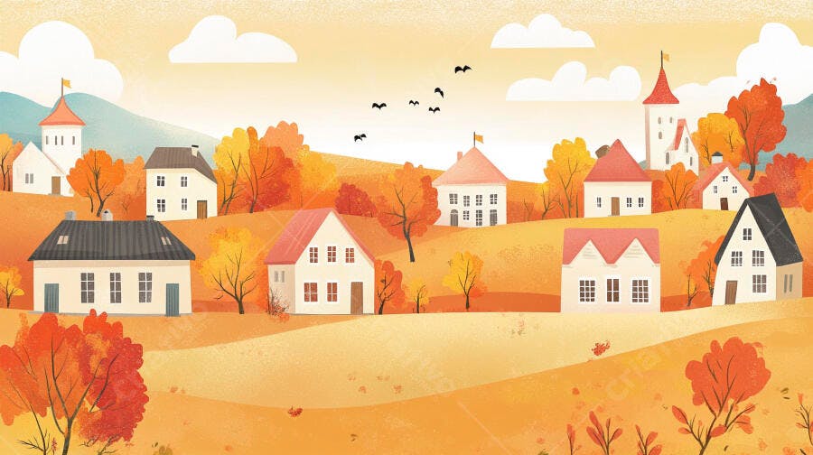 Ilustração Casas Outono Campo Cenário Rural