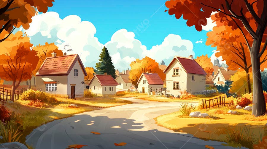 Ilustração Vila Outono Casas Árvores Laranjas Céu Azul
