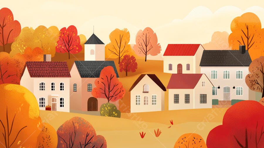Ilustração Casas Aldeia Outono Árvores Coloridas