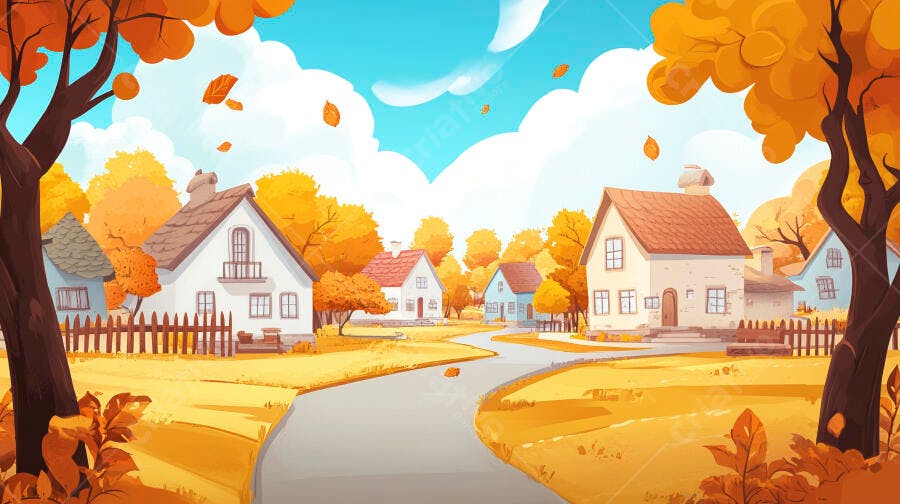 Ilustração Bairro Residencial Outono Casas Árvores Amarelas