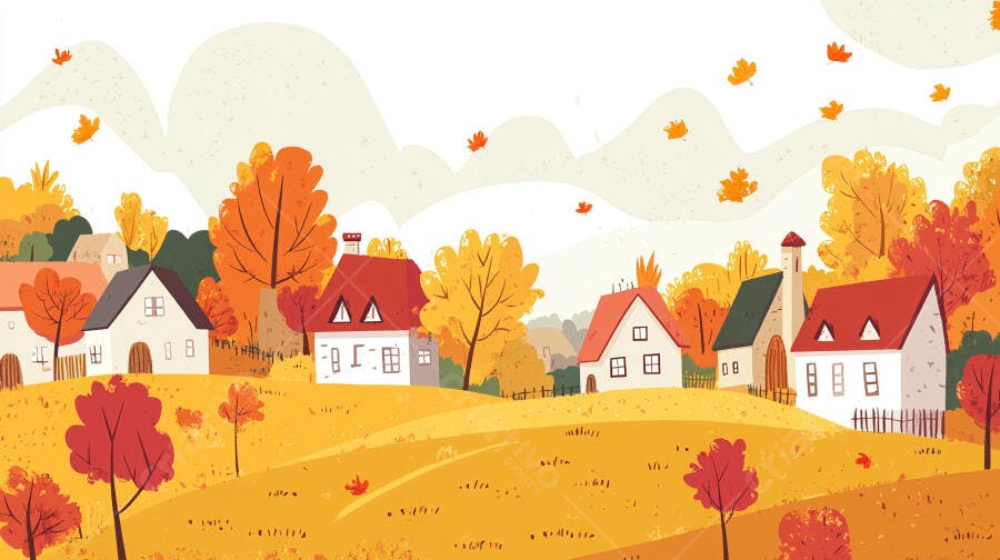 Ilustração Outono Casas Campo Estilo Desenho Animado