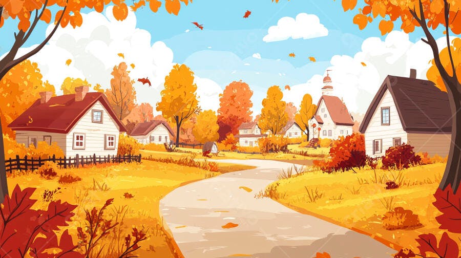 Ilustração Outono Vila Rural Estrada Folhas Laranjas