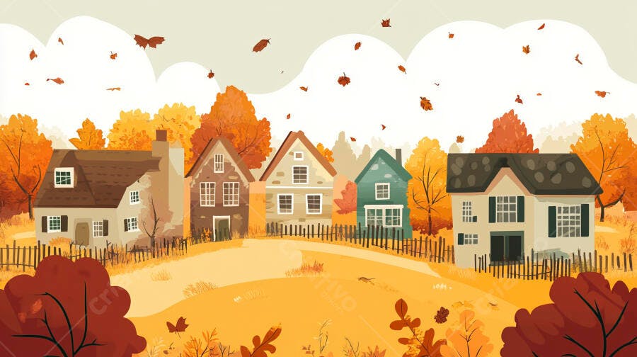 Ilustração Casas Outono Folhas Caindo Cenário Urbano