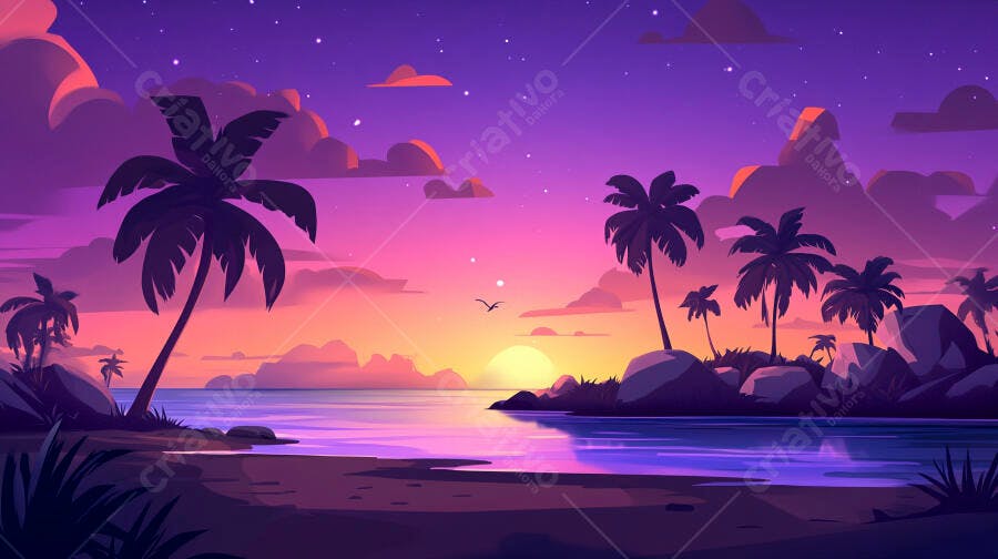 Ilustração Pôr do Sol Praia Tropical Coqueiros Roxos