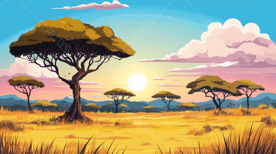 Ilustração Savana Africana Pôr do Sol Árvores Acácia