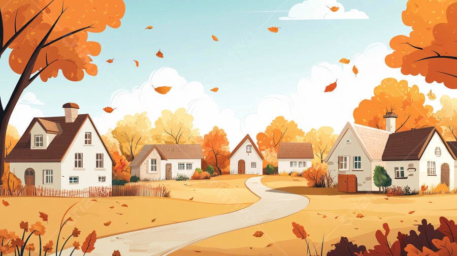 Ilustração Casas Outono Folhas Caindo Cenário Rural