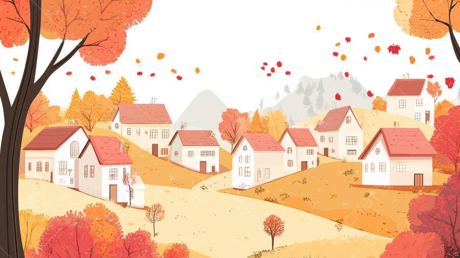 Ilustração Casas Outono Montanhas Cenário Rural