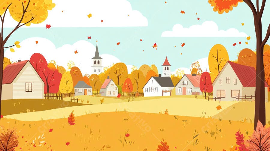 Ilustração Paisagem Outono Vilarejo Casas Folhas Laranjas