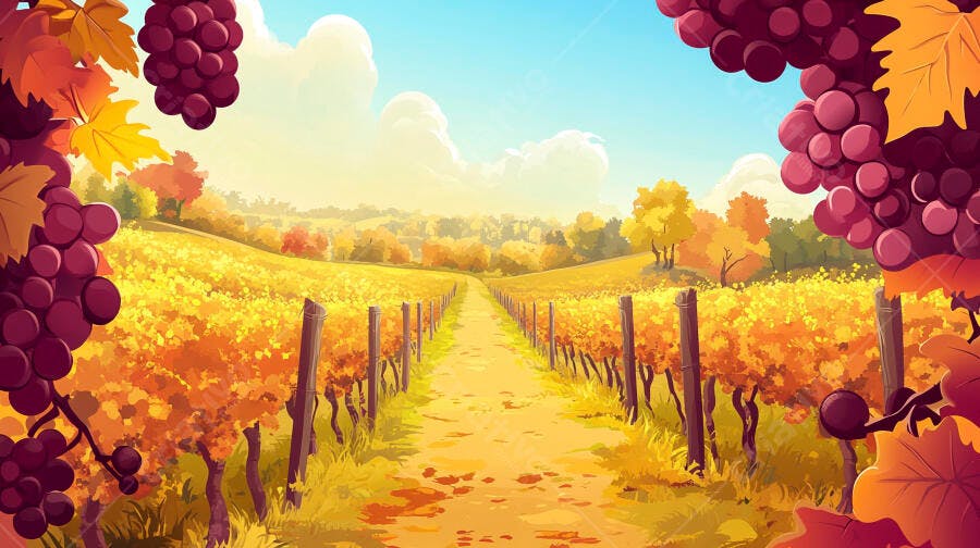 Ilustração Vinhedo Outono Uvas Roxas Caminho Ensolarado