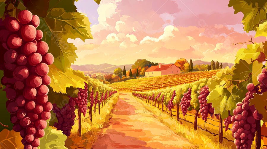 Ilustração Vinhedo Uvas Maduras Pôr do Sol Paisagem Rural