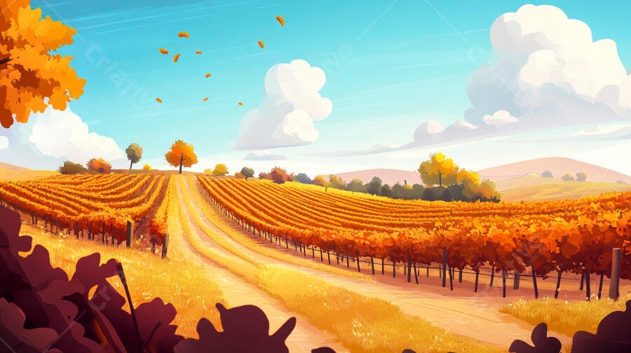 Ilustração Campo de Vinhedos Outono Céu Azul