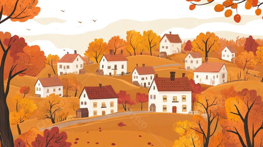 Ilustração Cidade Outono Casas Campo Cenário Rural