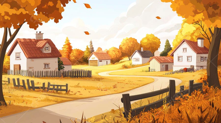 Ilustração Paisagem Outono Vilarejo Casas Campo Estrada