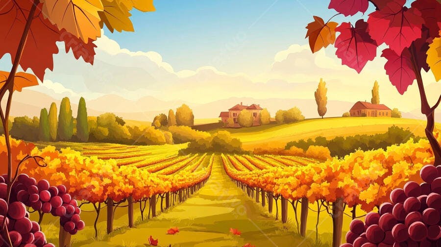 Ilustração Campo de Vinhedos Outono Paisagem Rural