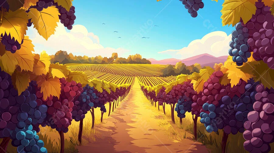 Foto Vinhedo com Uvas Maduras e Caminho Ensolarado