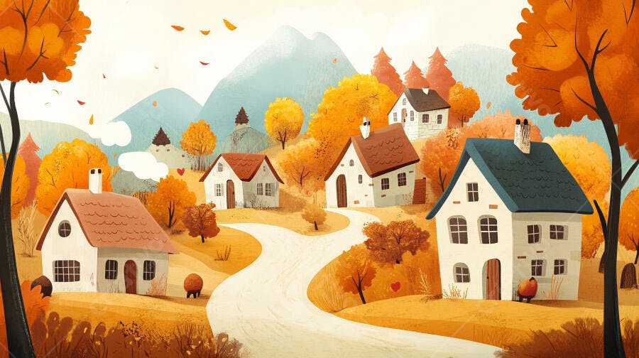 Ilustração Casas Outono Estrada Montanhas Estilo Pintura