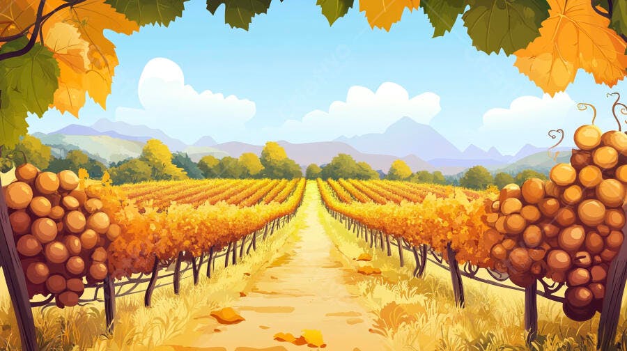 Ilustração Campo de Vinhedo Outono Uvas Laranjas Montanhas